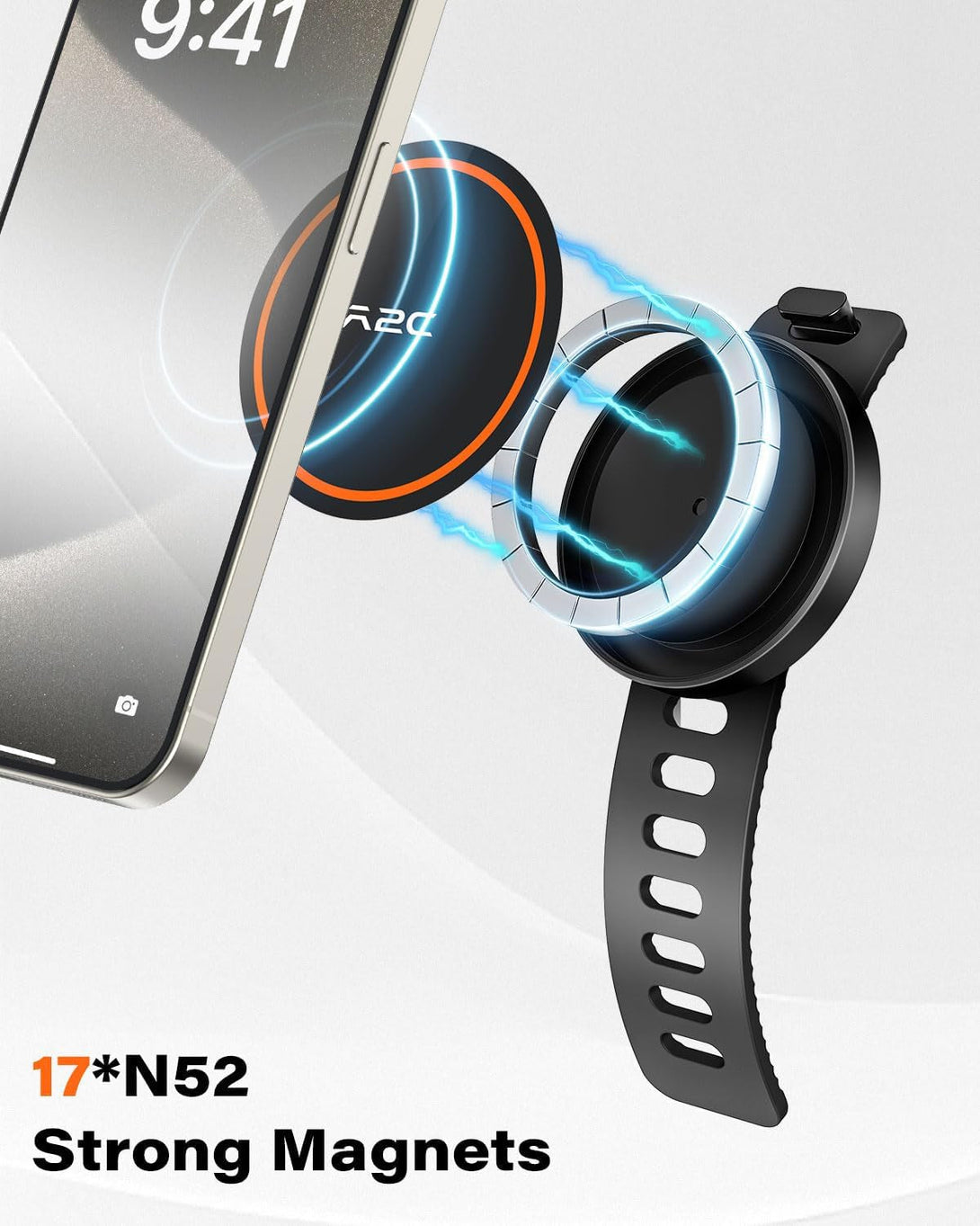 A2C Gym Fitness Phone Mount for Magsafe - 17 N52 Strong Magnets Stable and Secure Phone Mount with Adjustable Strap, Compatible with Gym Equipment, Stroller, Shopping Cart, Exercise Bikes