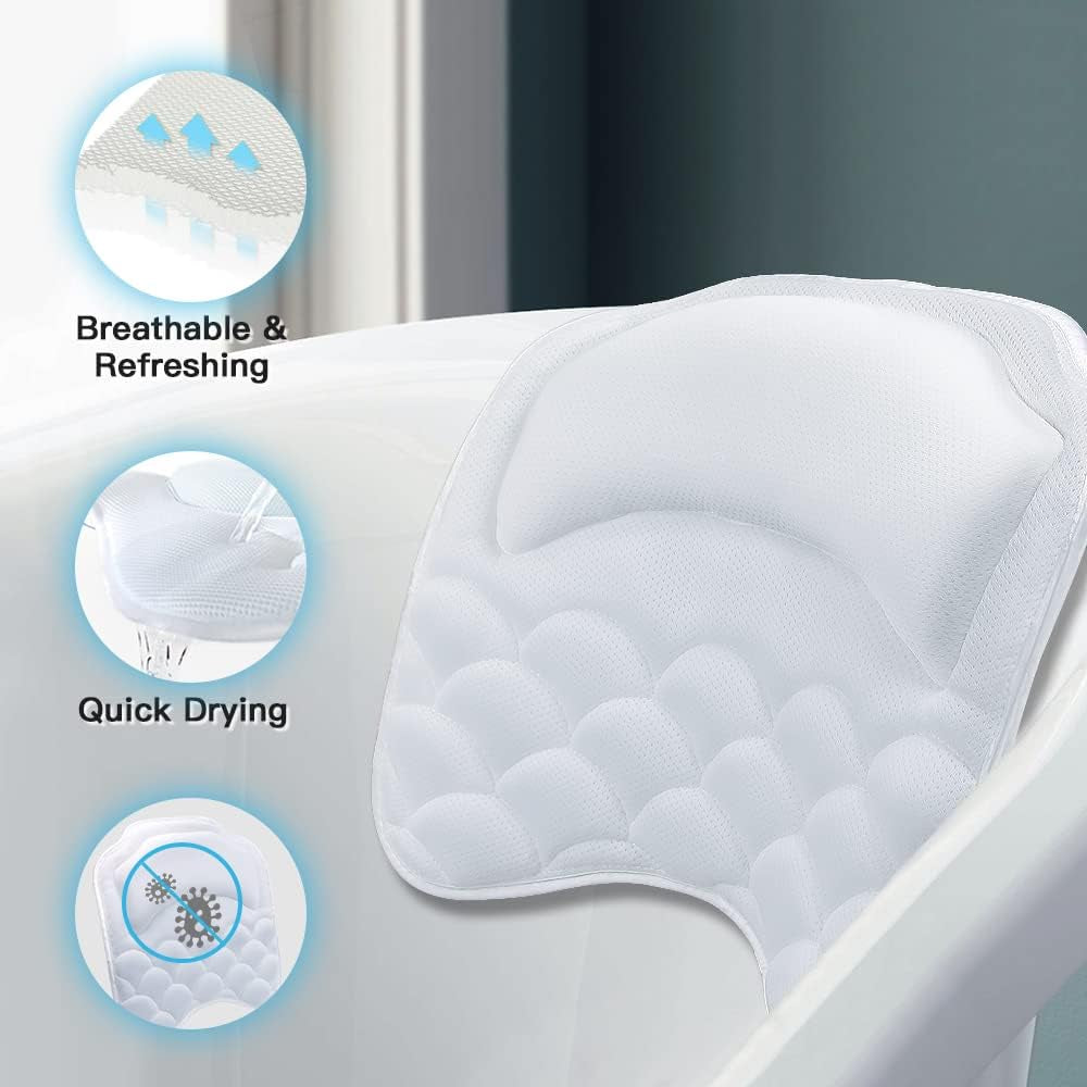 Bathtub Spa Pillow Bath Pillows for Tub, with Non-Slip 8 Large Strong Suction Cups, Free Machine Washable Bag