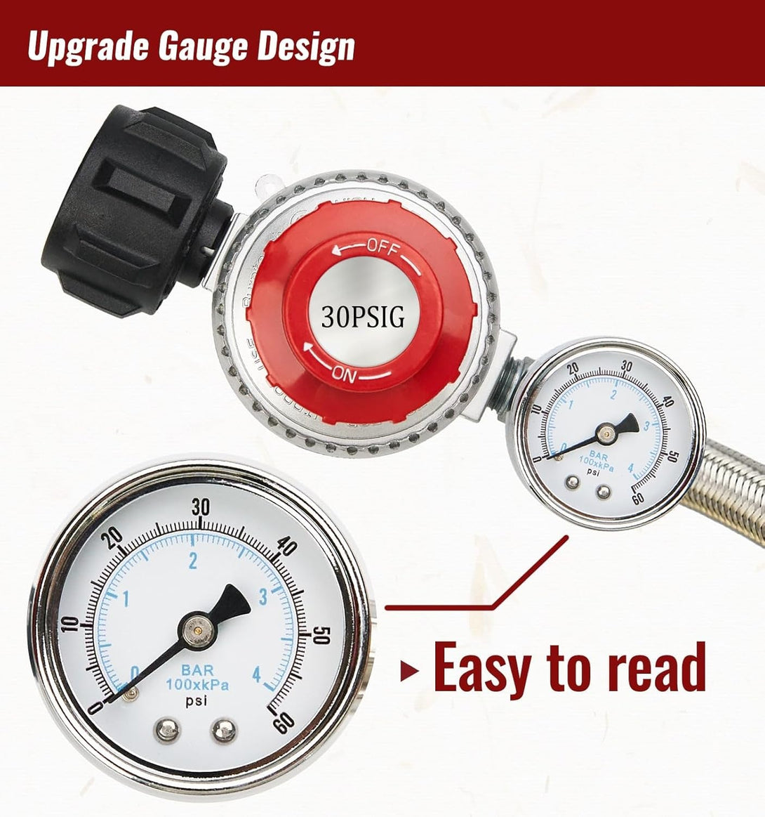 15FT High Pressure Propane Regulator Hose with Gauge, 0~30PSI Adjustable Propane Tank Regulator, Stainless Steel, Fit for Turkey Fryer，Fish Fryer，Propane Burner，Fire Pit, Forge, and More