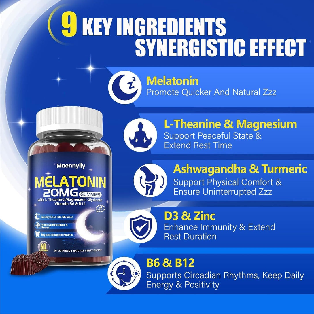 Melatonin 20Mg Gummies for Adults - Sugar Free Melatonin Gummies Extra Strength with L-Theanine, Magnesium, Ashwagandha, Turmeric, D3 & Zinc - Non-Habit Forming