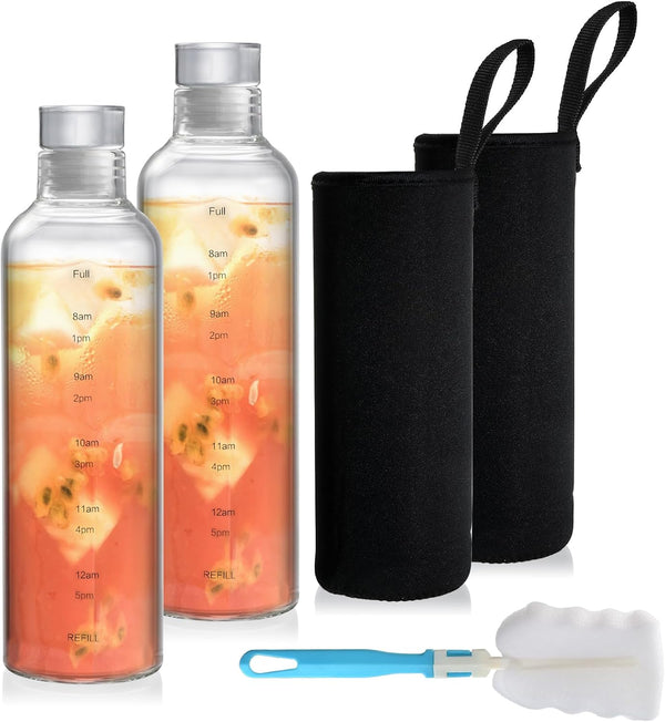 2 Pack Glass Water Bottles with Time Marker, 18 OZ Motivational Water Bottle with Non-Slip Sleeve, Beverage Bottles with Hydrating Reminder, Reusable Drinking Bottle for Hot and Cold Drinks