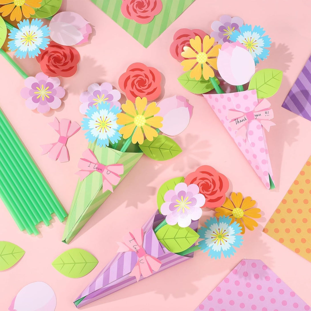 24 Pcs Flower Bouquet Craft Kit Make Your Own Flower Bouquets DIY Mother'S Day Gift Floral Bouquet School Classroom Home Fun Activities with Straw and Floral Paper for Teacher Appreciation Week Gifts