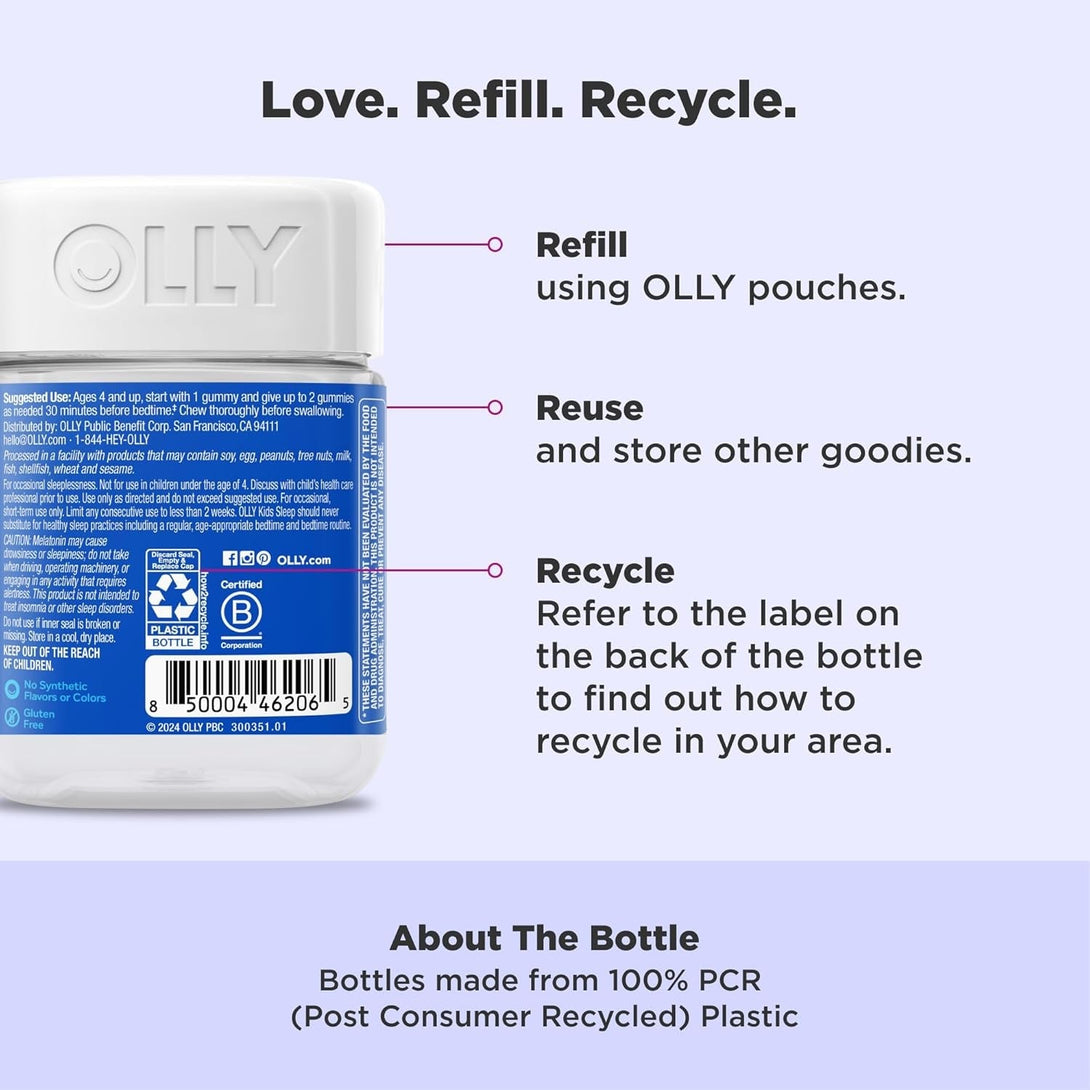 OLLY Kids Sleep Gummy, Occasional Sleep Support, 0.5Mg Melatonin, L Theanine, Chamomile, and Lemon Balm Extracts, Childrens Chewable Supplement, Raspberry Flavor - 90 Count