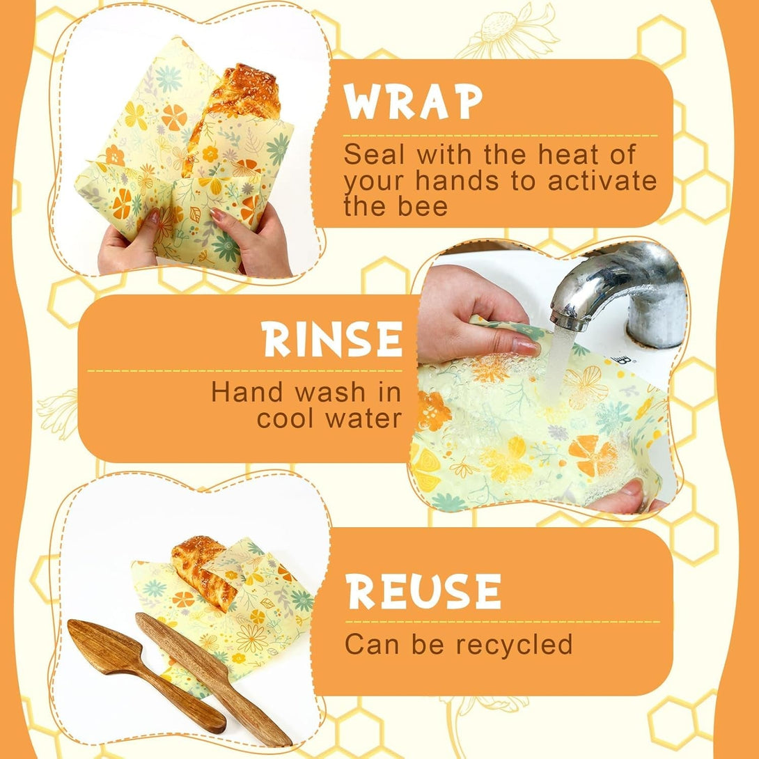 3 Rolls Reusable Beeswax Food Wraps 13'' X 59'' Eco Friendly Sustainable Beeswax Food Storage Wrap Honeycomb Floral Organic Cotton Food Wrap for Bread Sandwich Cheese Fruit