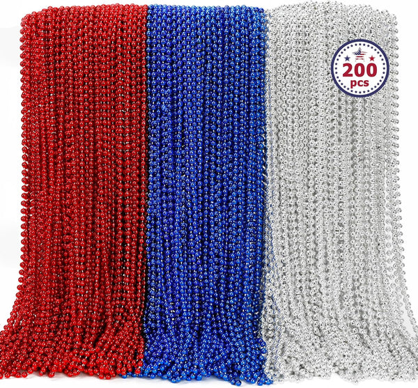 4Th of July Necklace, 200PCS Independence Day Beads Necklace Accessories, Fourth of July Red Blue Silver Bulk, Beads Bulk for Patriotic Parade Party Celebration Favors Decorations