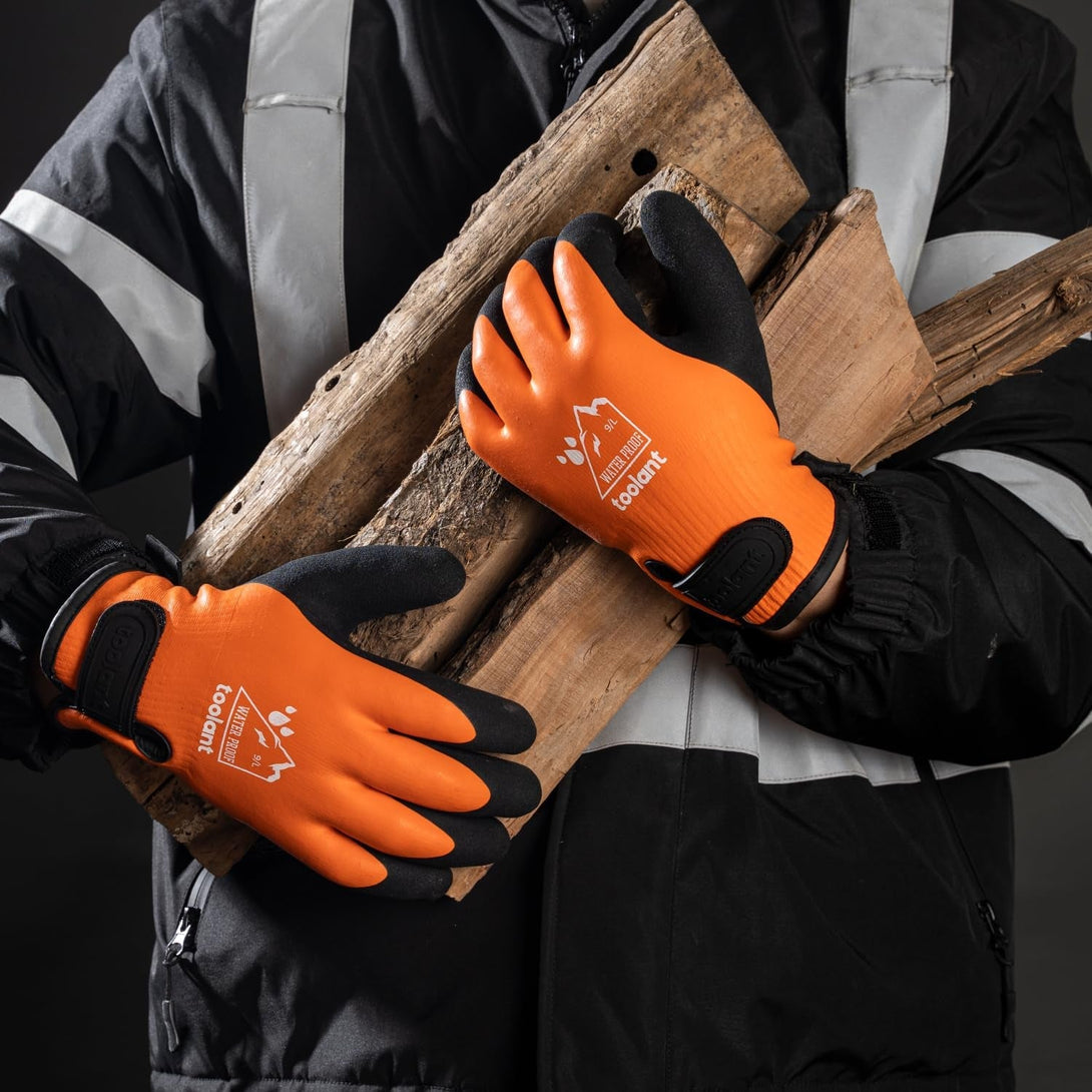 100% Waterproof Gloves for Men and Women, Winter Work Gloves for Cold Weather, Touchsreen, Thermal Insulated Freezer Gloves, with Grip, Orange, Medium