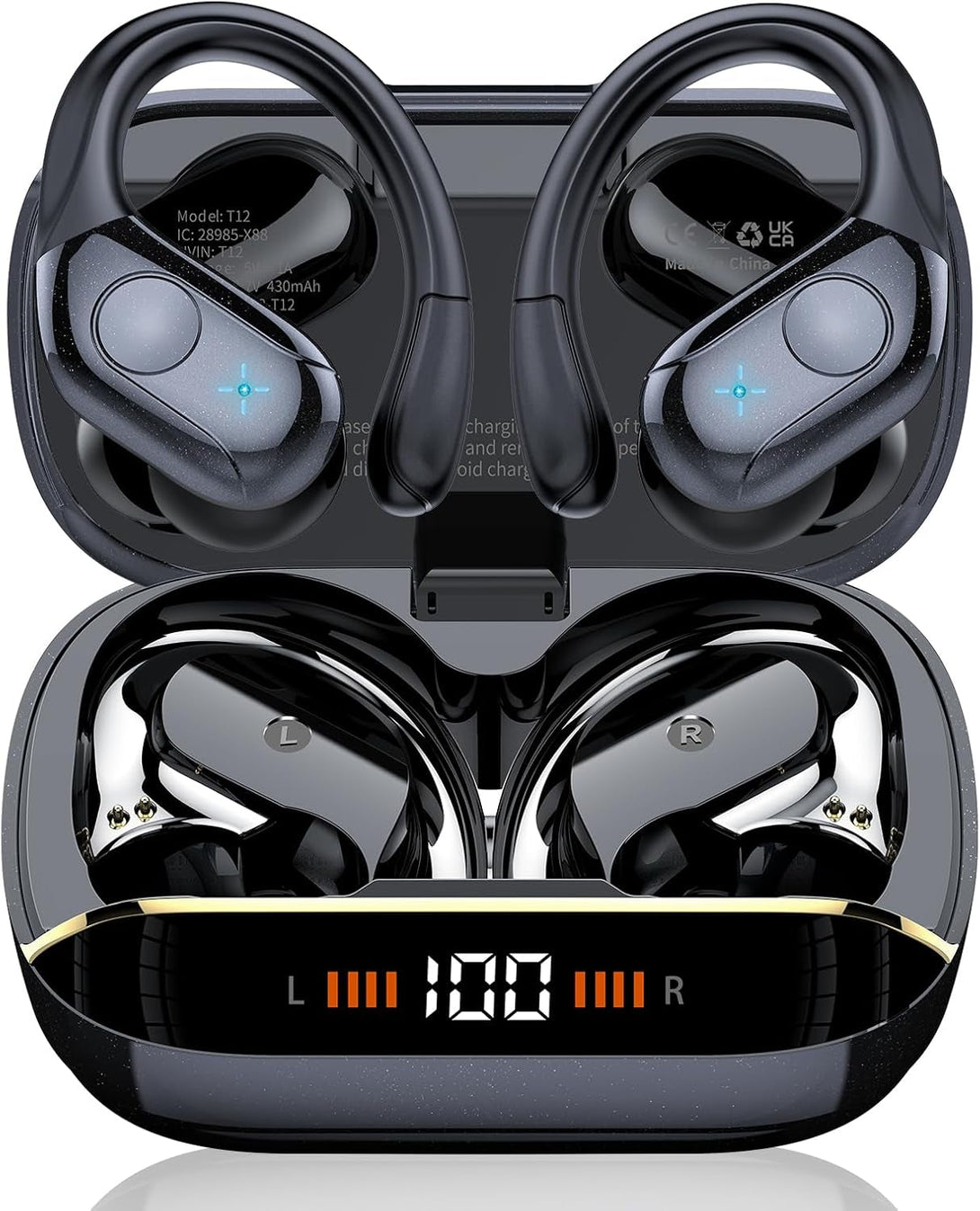 Wireless Earbuds Bluetooth 5.4 Headphones Sports, 75H Stereo Deep Bass over Ear Buds with Earhooks, Bluetooth Earbuds with 4 ENC Mic, LED Display, IP7 Waterproof Earphone for Running, Black
