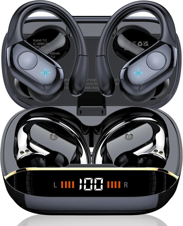 Wireless Earbuds Bluetooth 5.4 Headphones Sports, 75H Stereo Deep Bass over Ear Buds with Earhooks, Bluetooth Earbuds with 4 ENC Mic, LED Display, IP7 Waterproof Earphone for Running, Black