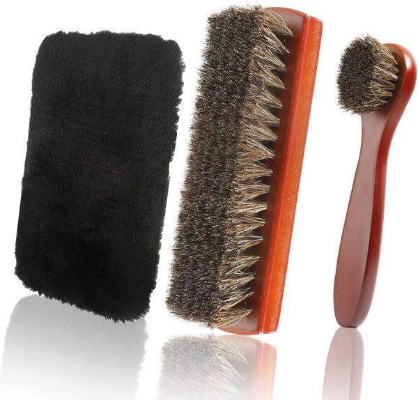 3 Pcs Shoe Brush Kit, Boot Brush, Horse Hair Brush for Leather, Horsehair Brush, Shoe Polish Brush, Horsehair Shoe Brush, Horse Hair Brush, Gentle and Effective Shoe Cleaning Tool for Leather