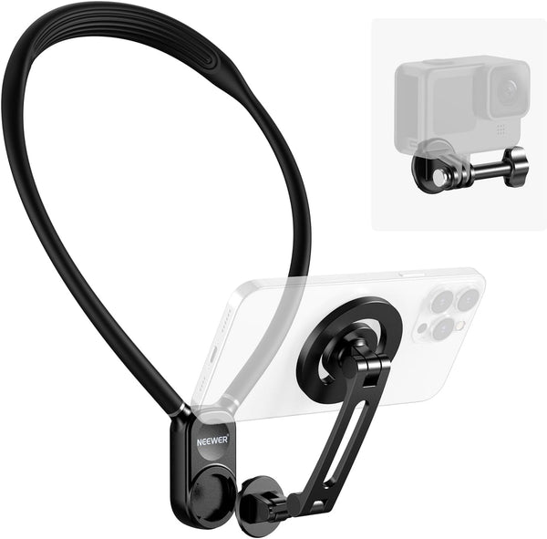 NEEWER Magnetic Neck Holder for Action Camera & Phone, Hands Free Tripod Chest Mount Compatible with Gopro DJI Insta360 Magsafe Iphone Android, Phone Holder for Video Recording POV Vlog, GP16