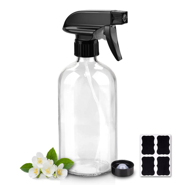 Glass Spray Bottles, 16Oz Refillable Containers, Empty Boston round Bottles with Labels & Adjustable Nozzle for Cleaning, Gardening, Aromatherapy,