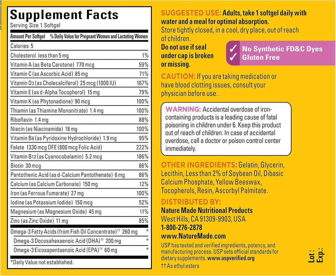 Nature Made Prenatal with Folic Acid + DHA, Prenatal Vitamin and Mineral Supplement for Daily Nutritional Support, 60 Softgels, 60 Day Supply