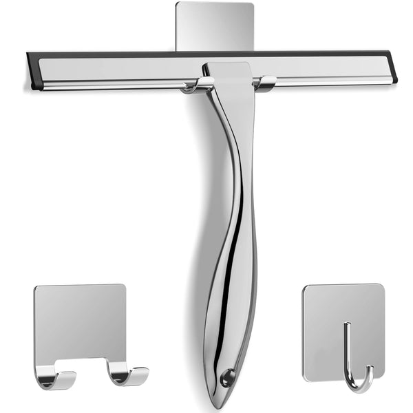 All-Purpose Stainless Steel Shower Squeegee for Shower Glass Door with 2 Adhesive Hooks, Bathroom Cleaner Tool Household Window Mirror Squeegee ,