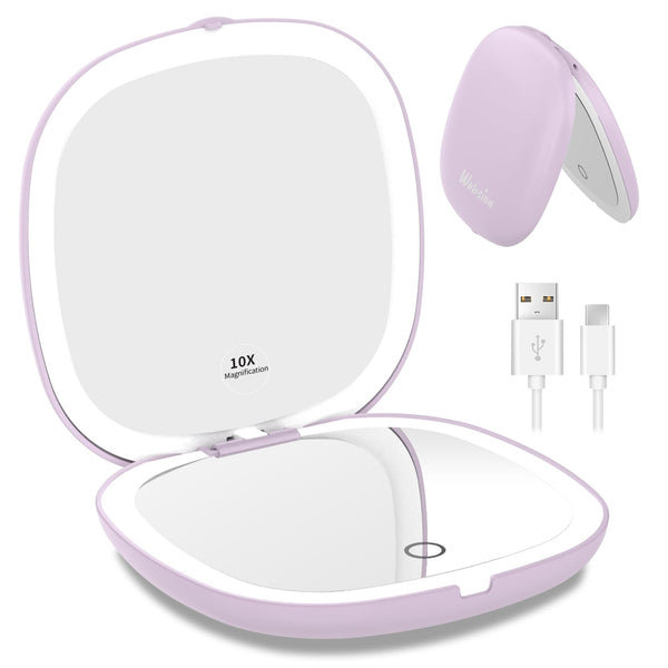 Wobsion Travel Mirror with Light, Rechargeable 1X/10X Compact Magnifying Mirror, Dimmable Pocket Mirror,Handheld 2-Side Mirror with Light,4Inch