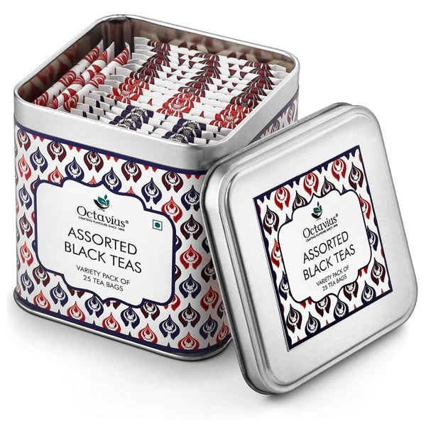Octavius Assorted Black Tea Sampler Pack | Darjeeling/Classic Assam/Indian Masala | 3 Flavors in 25 Tea Bags | Pack of 1 | Mothers Day Tea Gift Box