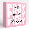 Pink Office Desk Accessories Decor Sign, Dorm Room and Bathroom Decor for Women, Inspirational Christian Gifts for Boss, Pray on It Wooden Sign