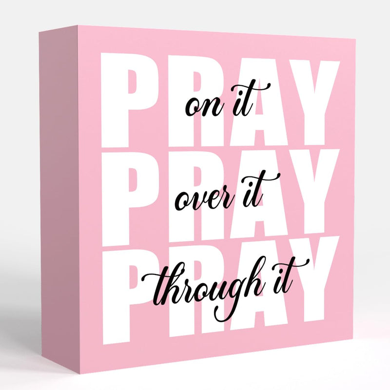 Pink Office Desk Accessories Decor Sign, Dorm Room and Bathroom Decor for Women, Inspirational Christian Gifts for Boss, Pray on It Wooden Sign