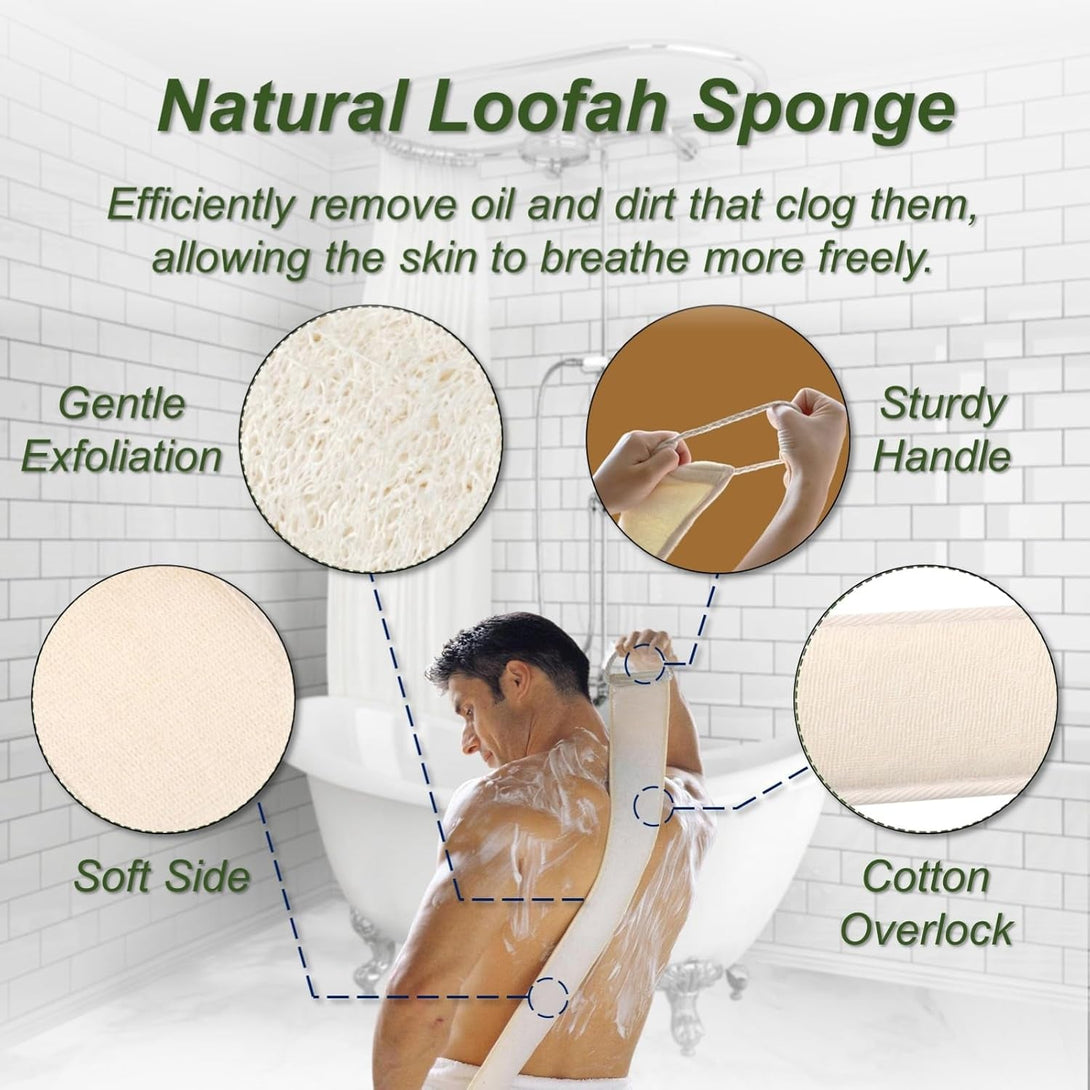 Natural Loofah Sponge, Exfoliating Body Scrubber for Men Women, Loofah with Handle, Exfoliating Back Scrubber for Shower Set, Deeply Clean & Invigorate Your Skin (2 Pcs in Box)
