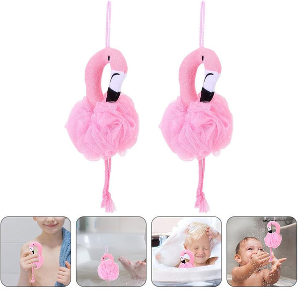 Mesh Bath Ball Sponges, 2Pcs Flamingo Bath Loofah Sponge Body Shower Scrubber Exfoliating Mesh Pouf Shower Ball Bath Sponges Loofah Towels for