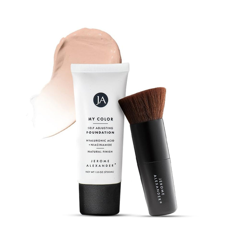 Jerome Alexander My Color Self-Adjusting Foundation, Hydrating & Lightweight Face Makeup, Skincare-Infused, with Kabuki Brush, Light, 1 oz 01 Light