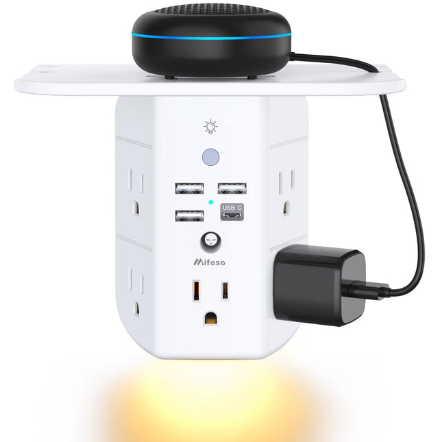 Wall Outlet Extender with Shelf and Night Light,Surge Protector,Usb Wall Charger with 5 AC Outlets and 3 USB Ports 1 USB