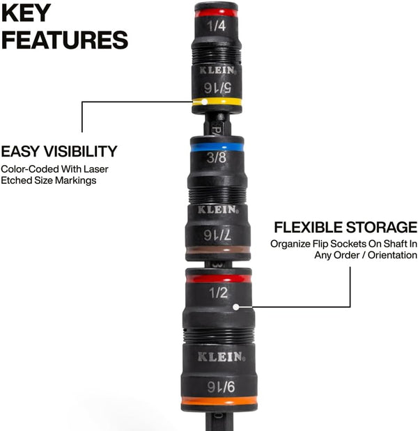 Klein Tools 32933 Impact Driver, SAE 7-In-1 Impact Rated Socket Set, 3 Flip Sockets with 6 Hex Driver Sizes and 1/4-Inch Bit Holder, 5-Inch Shaft
