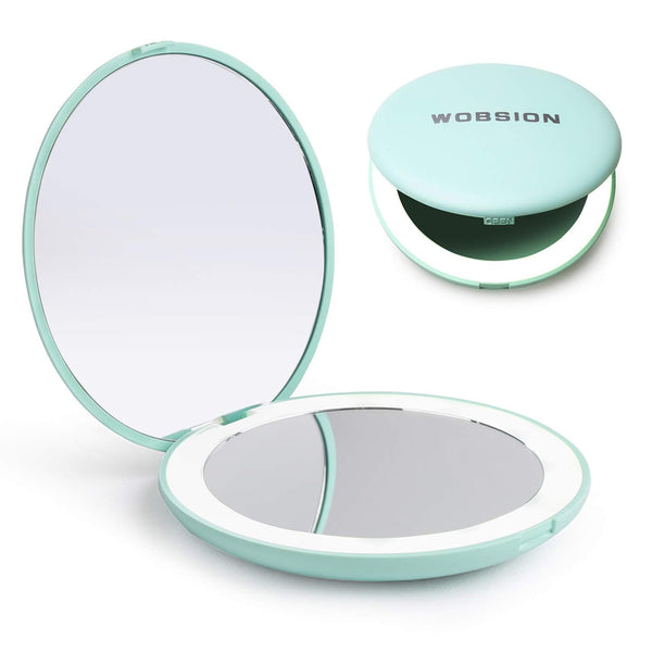 Wobsion LED Lighted Travel Makeup Mirror, 1X/10X Magnification, Compact, Portable for Handbag, Purse, Pocket, 3.5 Inch Illuminated, Folding,