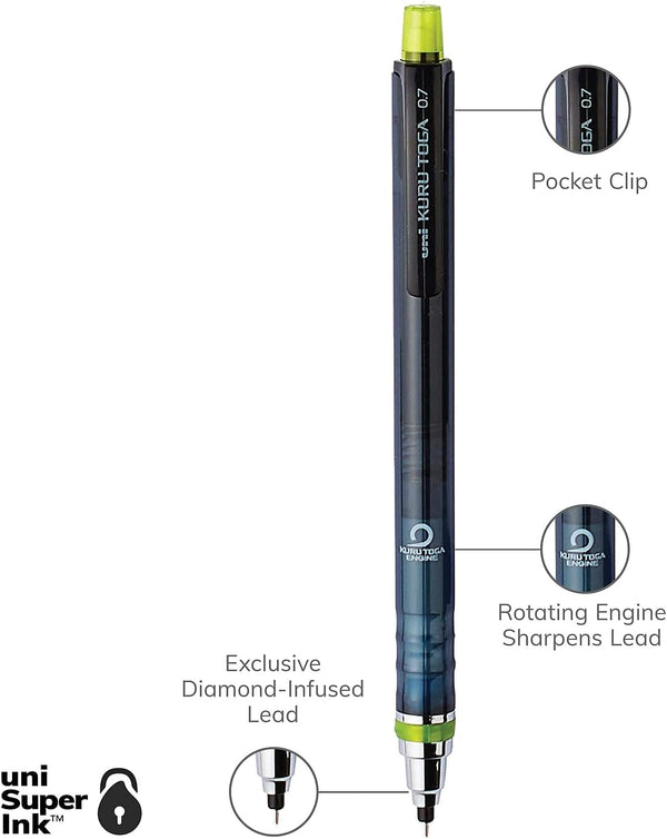 Uni-Ball Kuru Toga Mechanical Pencil with 0.7 Mm Lead Refills & Pencil Erasers, HB #2