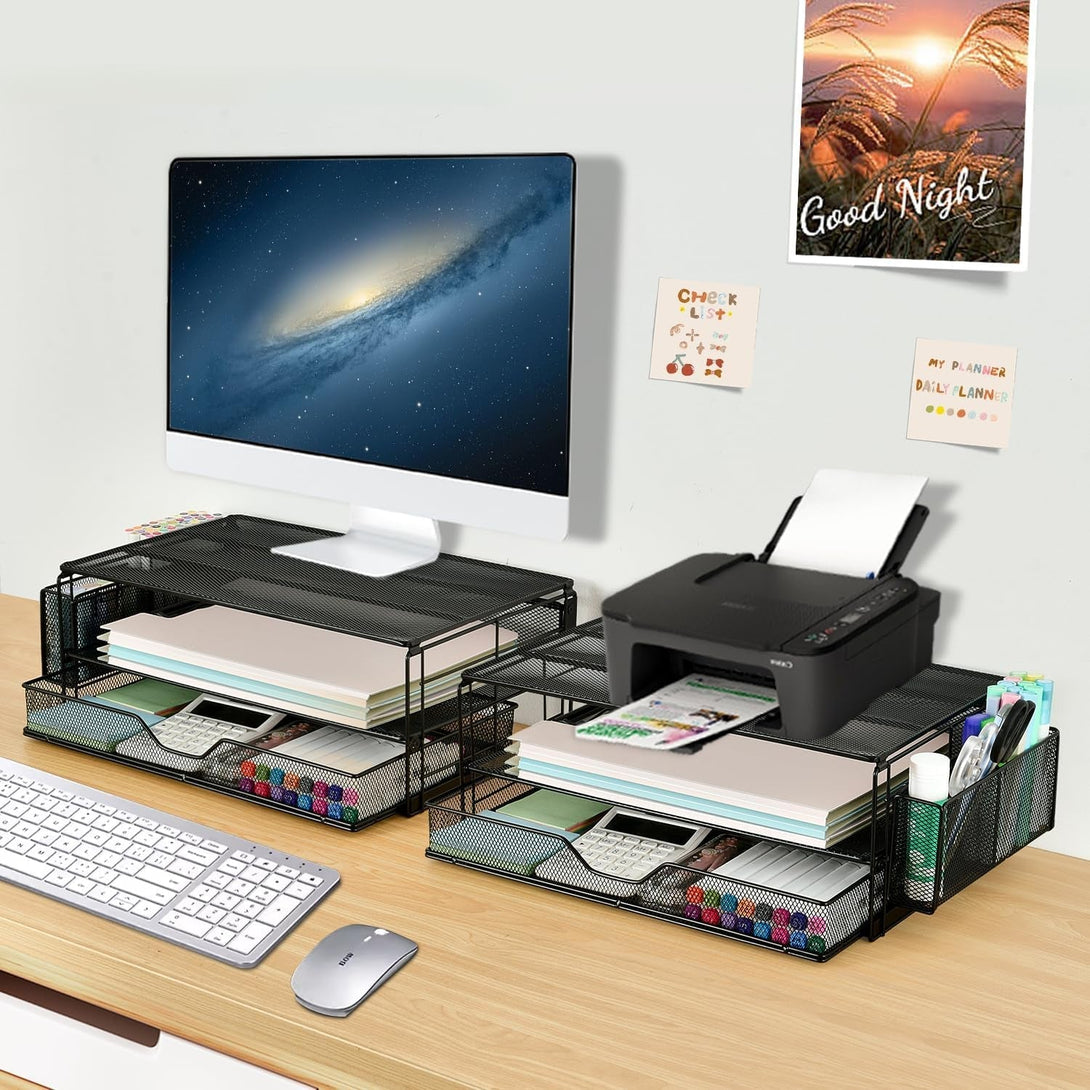 AUPSEN 2 Tier Computer Monitor Stands with Drawer and 2 Pencil Holder, Metal Monitor Stand Monitor Riser, Computer Desk Organizer and Accessories for Laptop, Computer, Printer, Office Supplies(Black)
