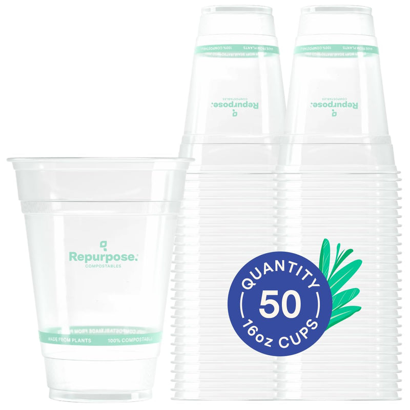 Repurpose 100% Compostable Plant-Based Clear Cold Cups, 16Oz, 50 Count, BPA & PFAS Free, FDA Non-Toxic, Certified Biobased