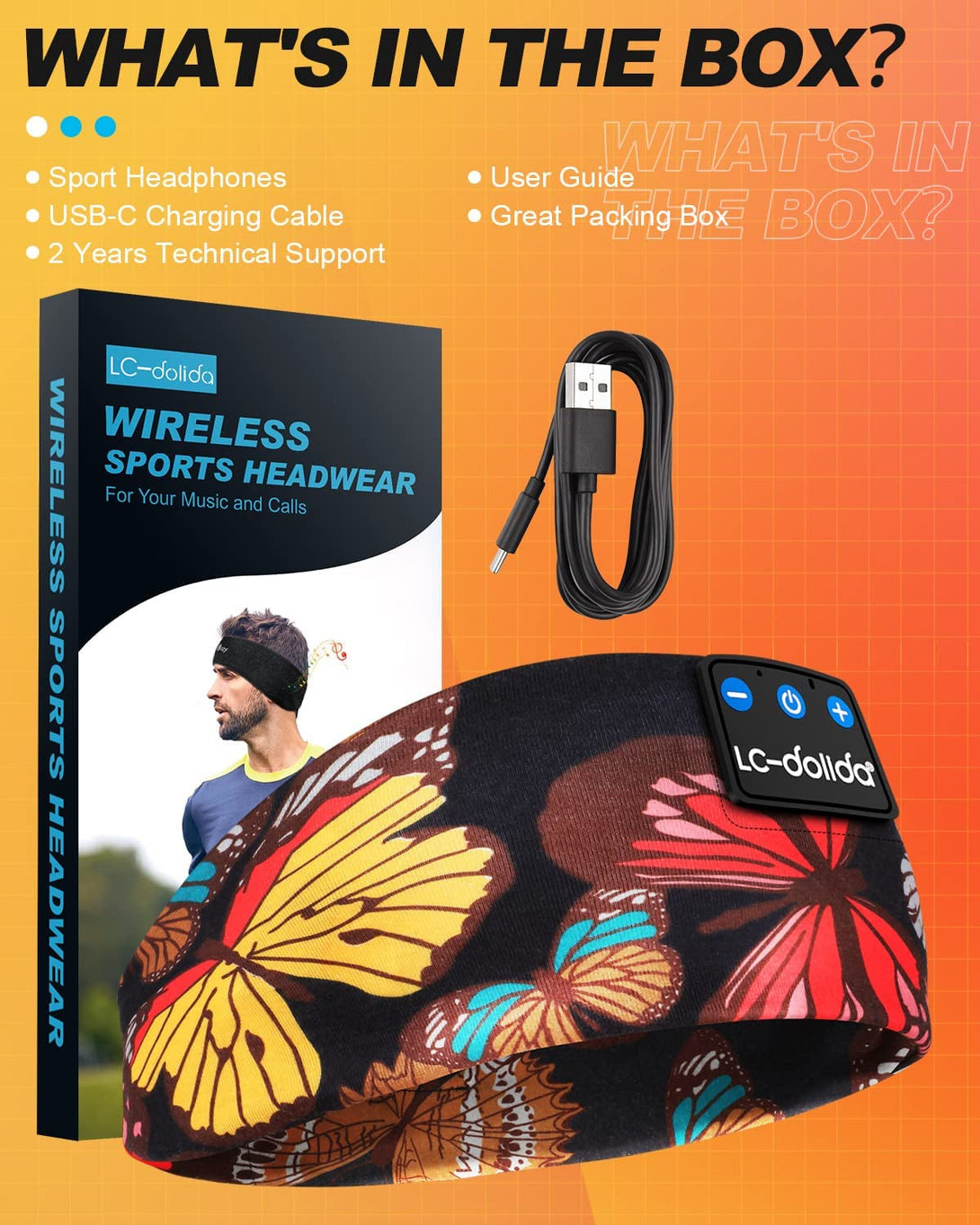 Lc-Dolida Sleep Headphones Headband Bluetooth 5.4, Sports Headband Earphones Wireless with Speaker Microphone USB C for Sleeping Gift Workout Jogging Yoga Insomnia Travel Meditation, Butterfly
