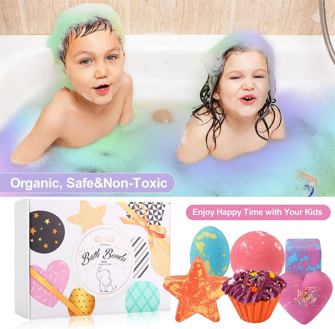 DUAIU 6Pcs Fizzy Bubble Bath Bombs for Kids & Women - Organic Natural Kids Bath Bomb Gift Set with Essential Oils, Fruit Fragrance and a Bathing Mesh Ball