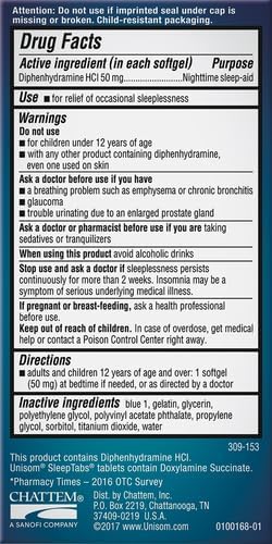 Unisom Nighttime Sleep-Aid Gels, Diphenhydramine HCI 50Mg, 100 Count