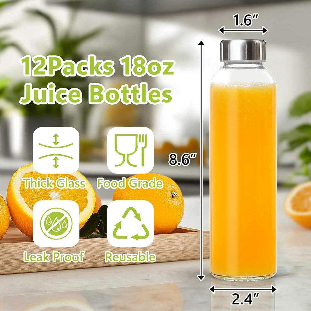 KEYWING 12Pack Glass Juice Bottles with Lids, 18Oz Clear Juicing Bottle with Reusable Glass, Leak Proof Water Bottles with Airtight Stainless Steel Cap for Juice, Coffee, Beverage, Smoothies, Tea