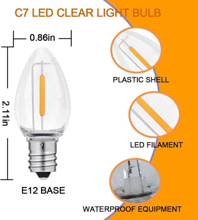 NETEHA 6 Pack C7 Clear Led Replacement Christmas Light Bulb, C7 E12 Base 120V Waterproof Led Bulbs for Christmas Outdoor
