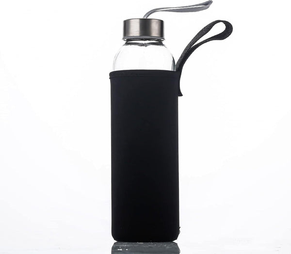 Suresave Glass Water Bottles with Stainless Steel Lids and Sleeves | 18 Oz Reusable Glass Bottles with Carrying Loop for Eco-Friendly Travel