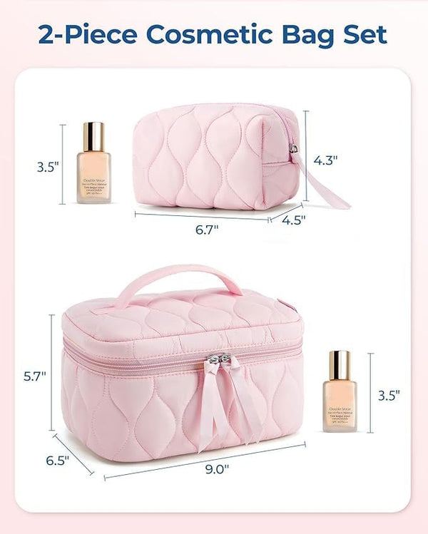 BAGSMART Travel Makeup Bag, 2-Piece Puffy Quilted Cute Make Up Bag Cosmetic Bags for Women, Large Wide-Open Toiletry Pouch Gifts for Toiletries