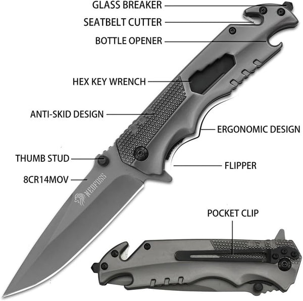 Nedfoss FA48 Pocket Knife for Men with Bottle Opener, Glass Breaker, Seatbelt Cutter and Wrench, 5-In-1 Multitool Folding/Survival Knife for