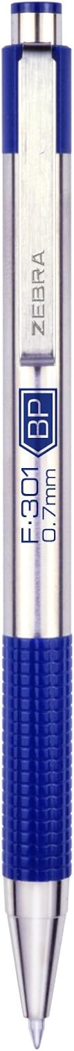Zebra Pen F-301 Retractable Ballpoint Pen, Stainless Steel Barrel, Fine Point, 0.7Mm, Blue Ink, 2-Pack (27122)