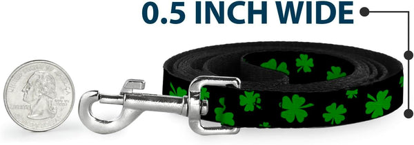 Dog Leash St Pats Clovers Scattered2 Black Green 4 Feet Long 0.5 Inch Wide