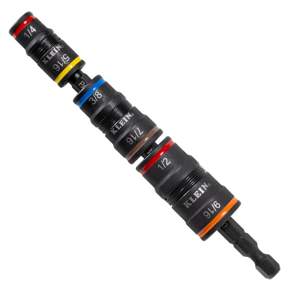 Klein Tools 32933 Impact Driver, SAE 7-In-1 Impact Rated Socket Set, 3 Flip Sockets with 6 Hex Driver Sizes and 1/4-Inch Bit Holder, 5-Inch Shaft