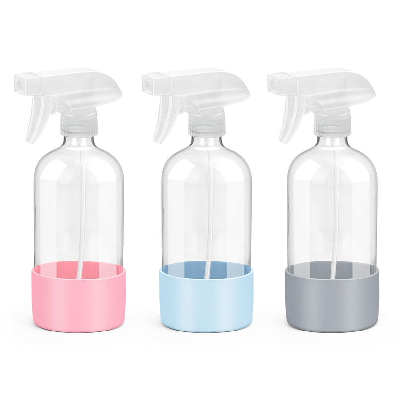 Glass Spray Bottles with Silicone Sleeve Protection, Empty 16 Oz Refillable Containers, Reusable Spray Bottles with Adjustable Nozzle for Hair,
