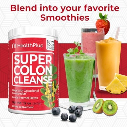 Health plus Super Colon Cleanse, 12 Oz Powder, 68 Servings - Natural Detox, Digestive Constipation Relief, Gentle Gut Cleanse with Psyllium Husk &