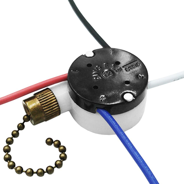 Ceiling Fan Switch Zing Ear Ze-208S E89885 3 Speed 4 Wire Pull Chain Switch with 4 Pre-Installed Wires Replacement Part 