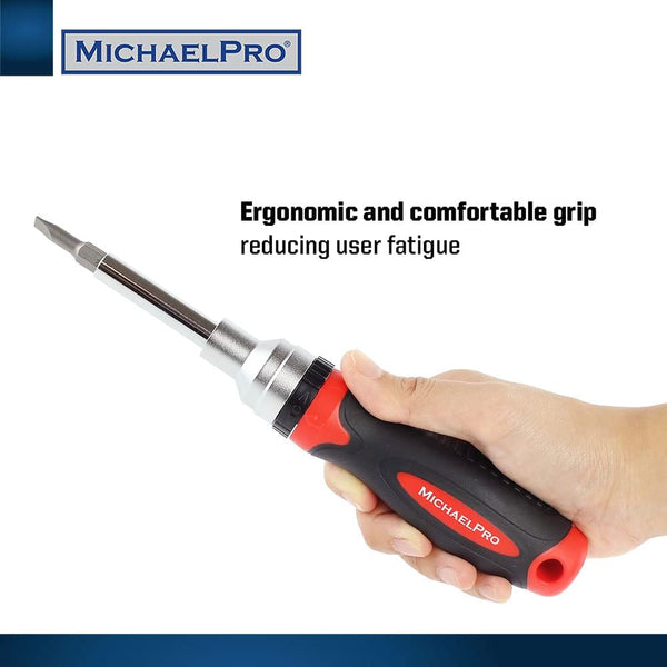Michaelpro MP002025 7-In-1 Ratcheting Screwdriver & Nut Driver, Multi-Bit, Cushioned Grip, Black/Red
