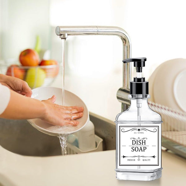 Clear Soap Dispenser with Pump, Waterproof Labels (2 Pack,18 Oz), Plastic Hand Soap Dispenser, Dish Soap Dispenser for Kitchen and Bathroom, Soap