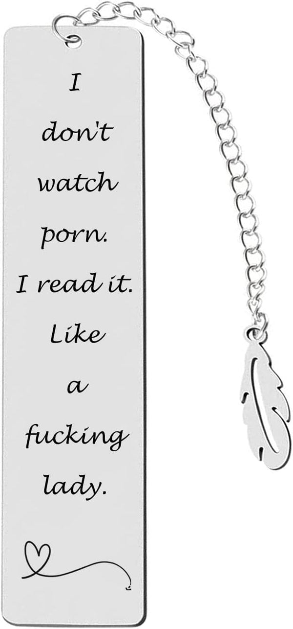 Metal Bookmark Gift, 'I Don'T Watch Porn. I Read It like a Fucking Lady' Stainless Steel Leaf Pendant Book Mark with Box for Women, Men, Friends,