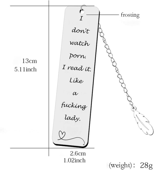 Metal Bookmark Gift, 'I Don'T Watch Porn. I Read It like a Fucking Lady' Stainless Steel Leaf Pendant Book Mark with Box for Women, Men, Friends,