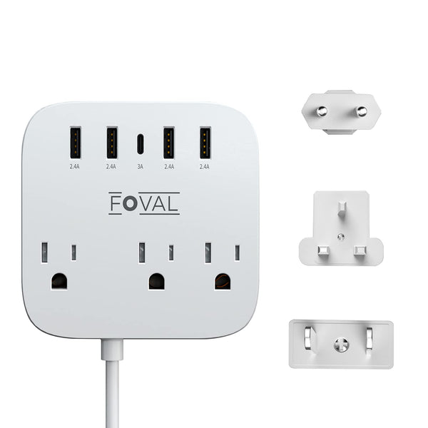 European Travel Plug Adapter, FOVAL EU UK US Power Strip with USB C and 4 USB Ports, 3 AC Outlets, Wall Mountable, 5Ft Extension Cord, Compact for