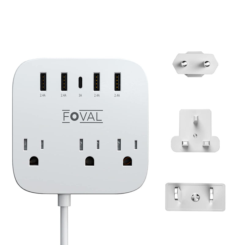 European Travel Plug Adapter, FOVAL EU UK US Power Strip with USB C and 4 USB Ports, 3 AC Outlets, Wall Mountable, 5Ft Extension Cord, Compact for